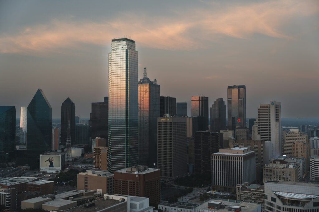 Aerial view of Houston skyline with modern buildings, representing personal injury law services.