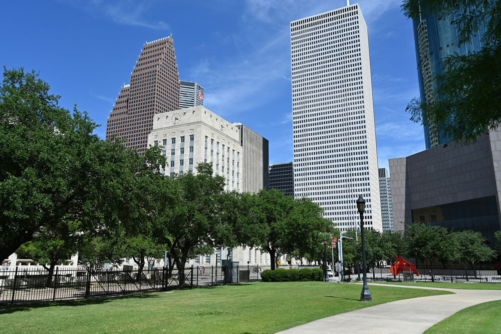 A view of downtown Houston, showcasing buildings relevant to finding a personal injury attorney.