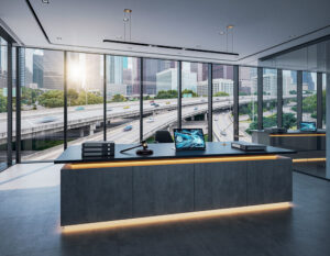 A modern office featuring a desk with a view of the city skyline, ideal for an auto accident lawyer in Houston.