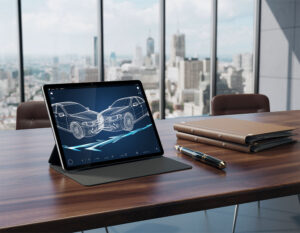 On a wooden table, a tablet, pen, and laptop are displayed, emphasizing the search for a lawyer after a rear-end collision.