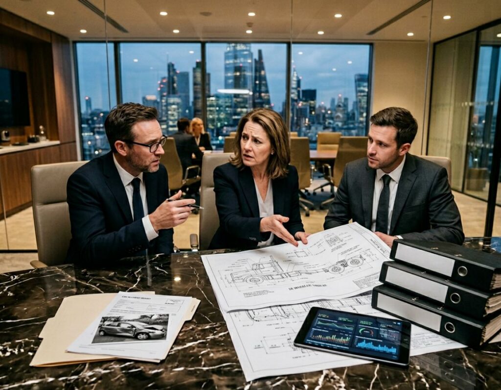 Three professionals seated at a table, reviewing documents related to truck and car accident case distinctions.