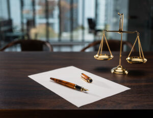 Lawyer's desk featuring a pen and scales of justice, symbolizing legal expertise and the cost of car accident representation.