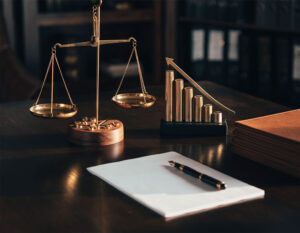 Lawyer's desk featuring scales of justice and a pen, symbolizing legal guidance for car accident injury compensation.