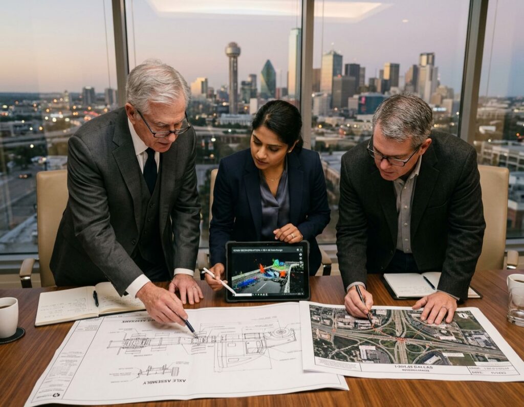 Three colleagues discussing plans displayed on a tablet in a business environment.