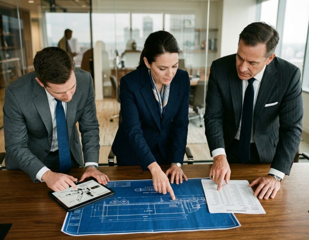 Three business people examining blueprints together, discussing plans for a project related to an 18-wheeler accident case.