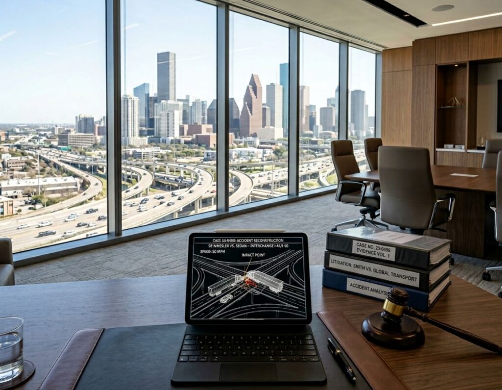 A laptop on a desk in front of a window, showcasing a cityscape view in the background.