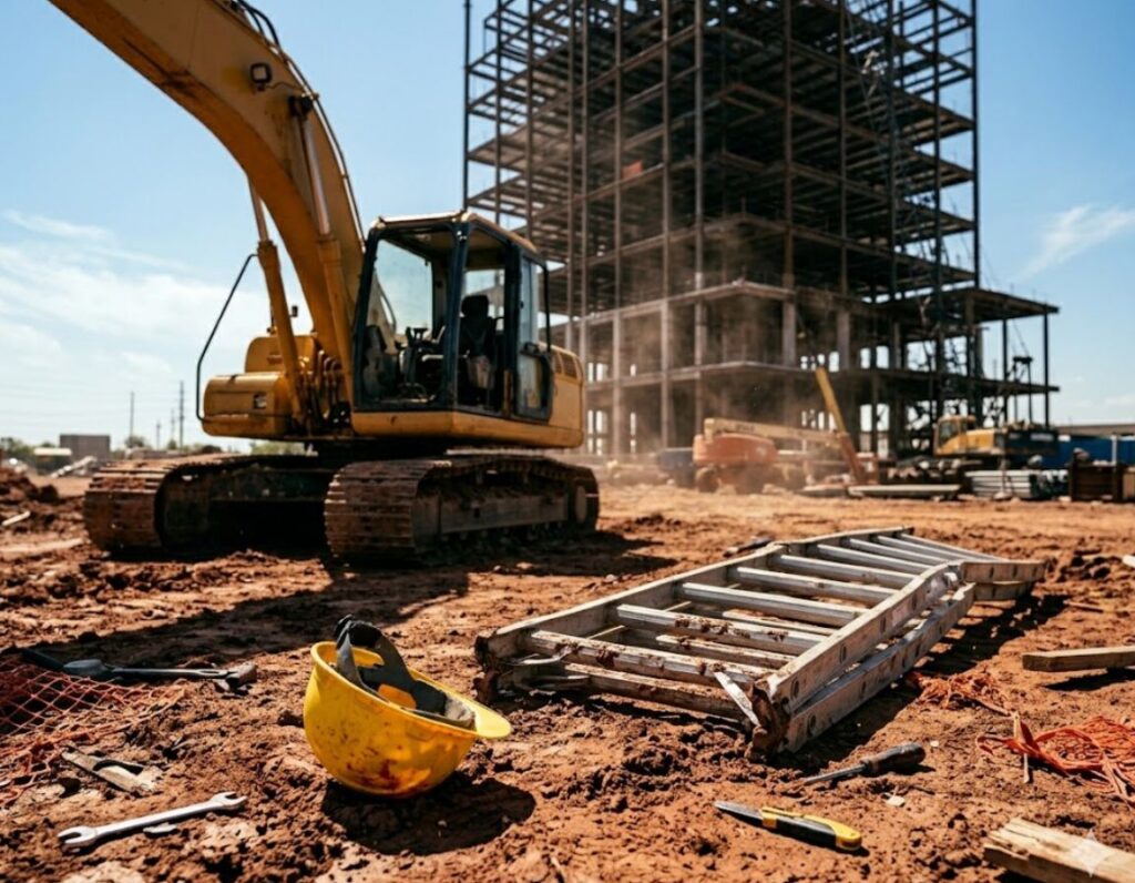 Construction workers and equipment at a site, illustrating the potential risks and the role of a construction accident attorney.
