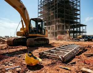 Construction workers and equipment at a site, illustrating the potential risks and the role of a construction accident attorney.