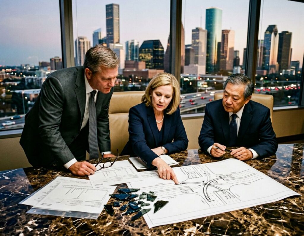 Three colleagues reviewing documents on a table in an office environment.