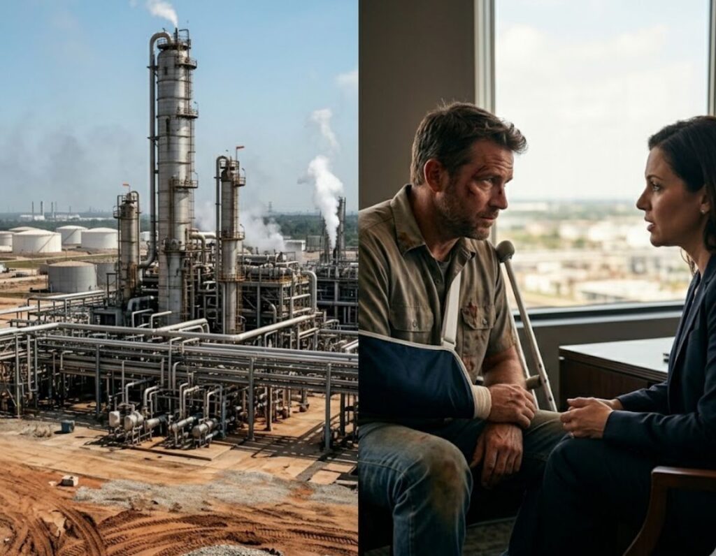 Two pictures showing individuals in front of an oil refinery, focusing on seeking legal assistance for refinery-related injuries.