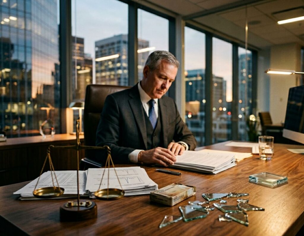 A man in a suit at a desk with a laptop and documents, exploring ways to obtain fair compensation after a drunk driving accident.