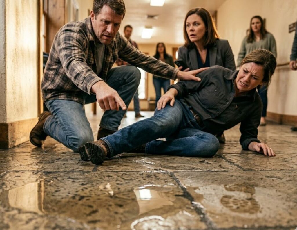 A man and woman kneel on the floor while another man observes, possibly after a slip and fall incident.