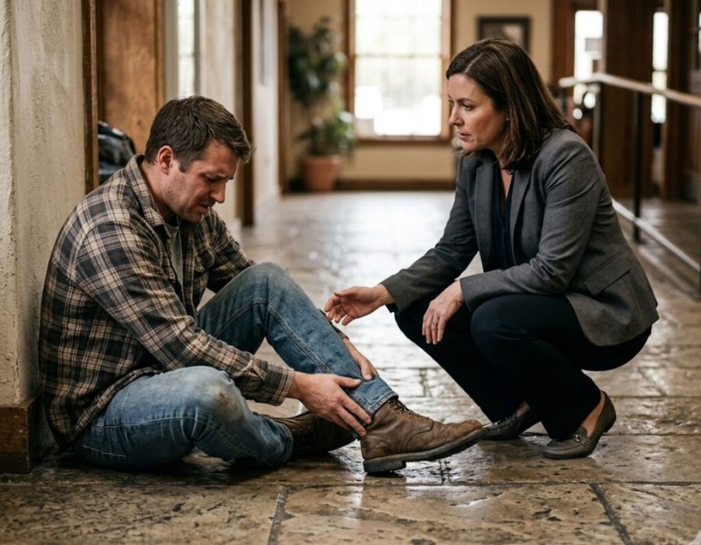 A man and woman kneel on the floor in a hallway, discussing premises liability in a legal context.