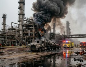 Firefighters and their trucks are present at an oil refinery, showcasing the urgency of legal assistance after refinery incidents.