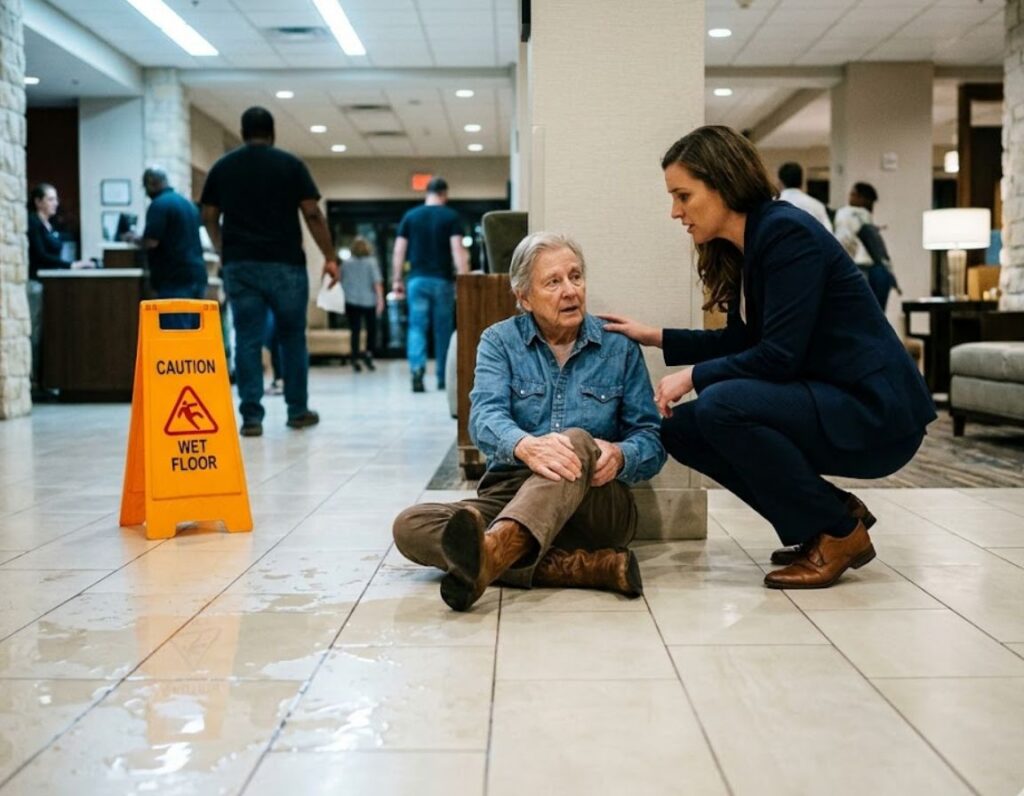A woman kneels next to an elderly woman in a hotel lobby, possibly consulting on a slip and fall injury matter.