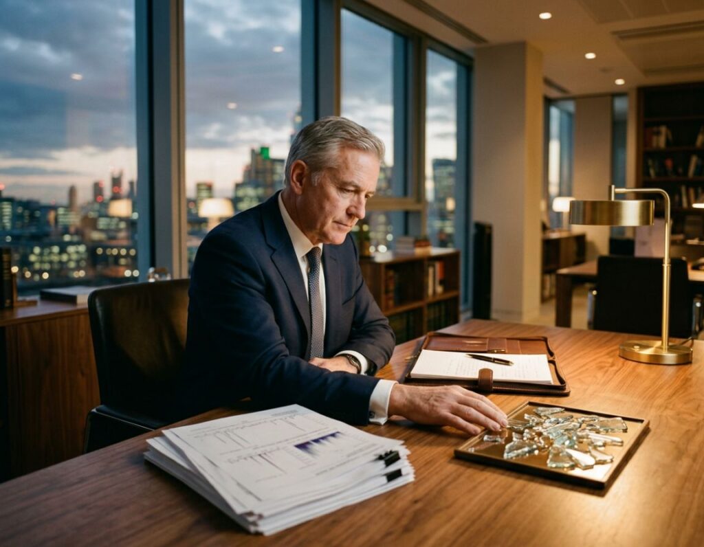 A man in a suit sits at a desk with a laptop, looking focused and engaged in work or a discussion.