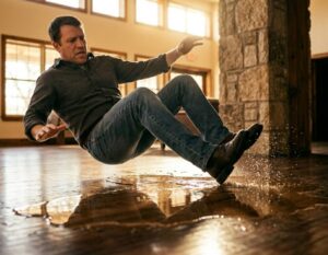 A man is falling to the floor in a room, illustrating a potential premises liability scenario in Texas law.