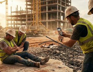 Two construction workers using a device to monitor the temperature of a building under construction.