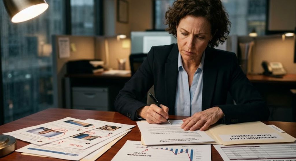 A business-suited woman diligently writes on papers, illustrating her work as a Business Defamation Attorney.