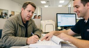 Two men seated at a desk, reviewing papers and pens, discussing deceptive business practices.