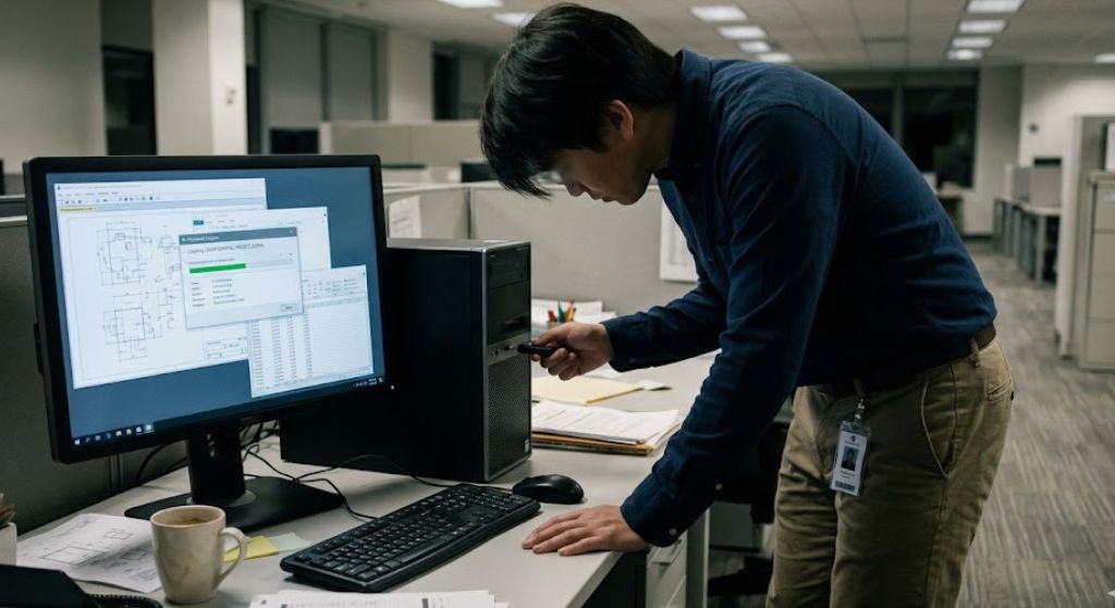 A man working on a computer in an office, focused on tasks related to intellectual property theft.