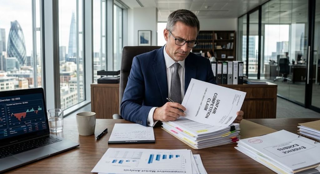 A man in formal attire works at a desk with a laptop and papers, strategizing a lawsuit against a competitor.