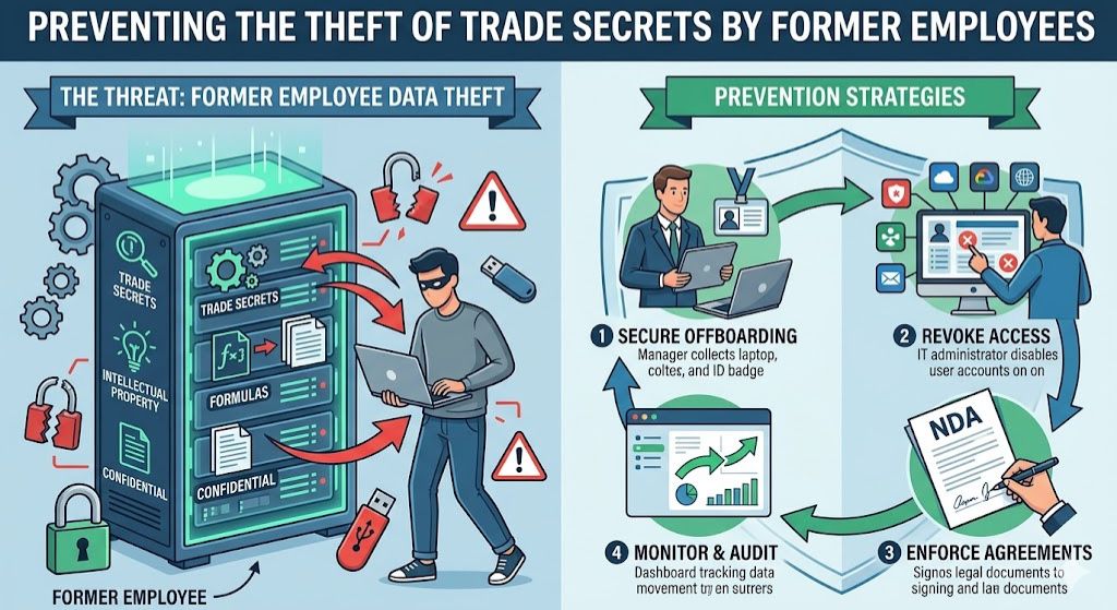 Diagram showing methods to protect trade secrets against theft by former staff.