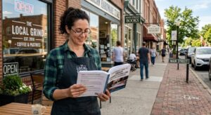 A woman on the sidewalk reads a book, exploring themes of unfair competition law.