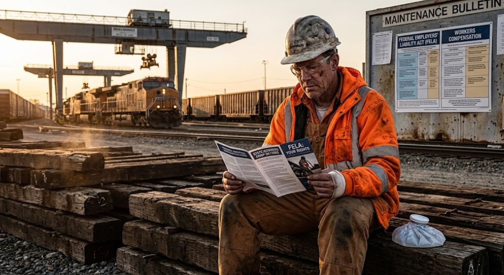 A man wearing an orange vest looks at a newspaper, likely discussing FELA versus workers' compensation issues.