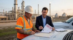 Contract worker outside a Gulf Coast refinery reviewing a Texas plant injury claim with an attorney