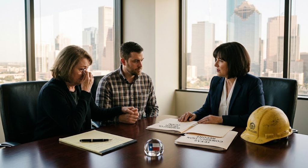 Family meeting a Houston attorney after a construction accident wrongful death in Texas