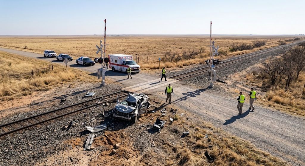 Warning signals at a rural grade crossing after a railroad crossing accident in Texas