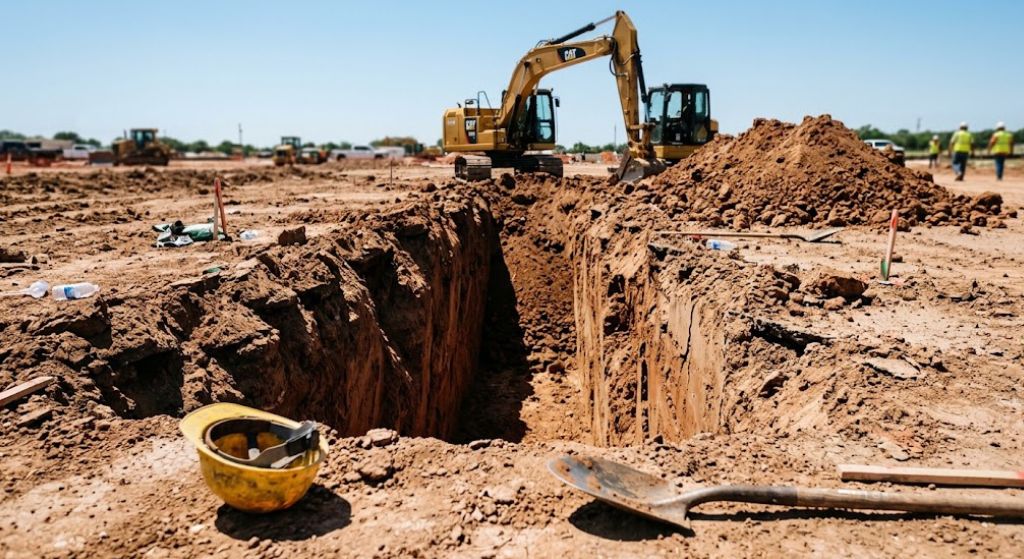 Unshored excavation on a Texas jobsite illustrating a trench collapse accident Texas hazard