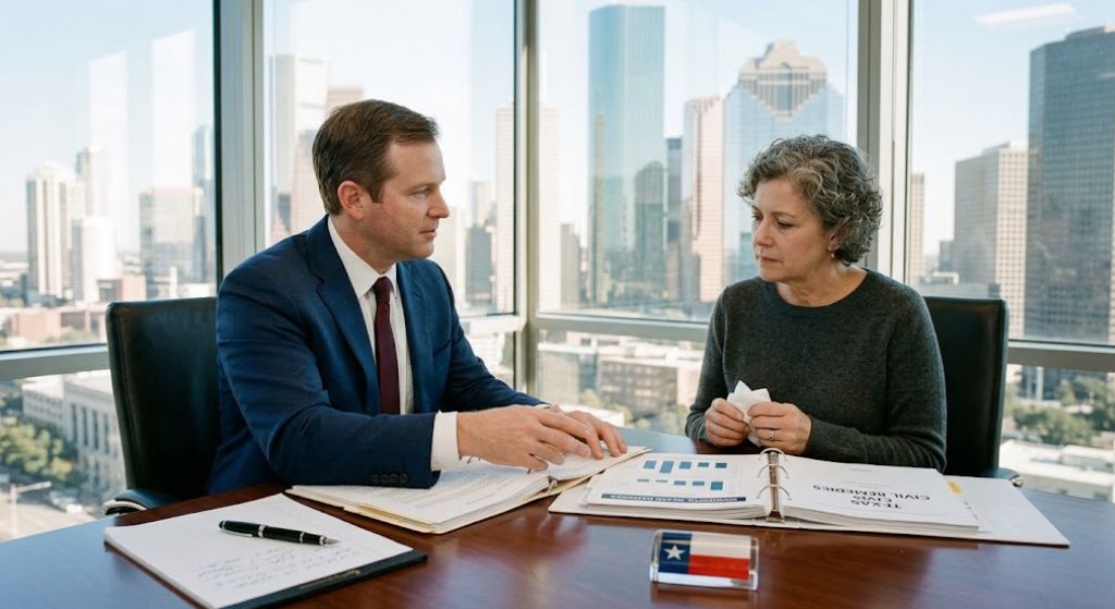 Houston attorney reviewing wrongful death damages in Texas with a surviving spouse