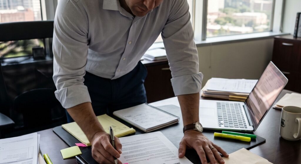 Business owner reviewing a draft breach of contract demand letter with contract and invoices on the desk in Houston
