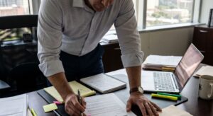 Business owner reviewing a draft breach of contract demand letter with contract and invoices on the desk in Houston