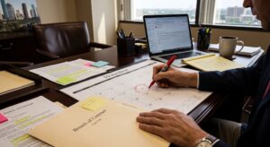 Business owner marking contract dates on a calendar while reviewing a breach of contract file in Houston