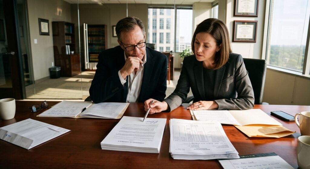 Business owner reviewing a signed contract and delivery records with a Houston business litigation attorney